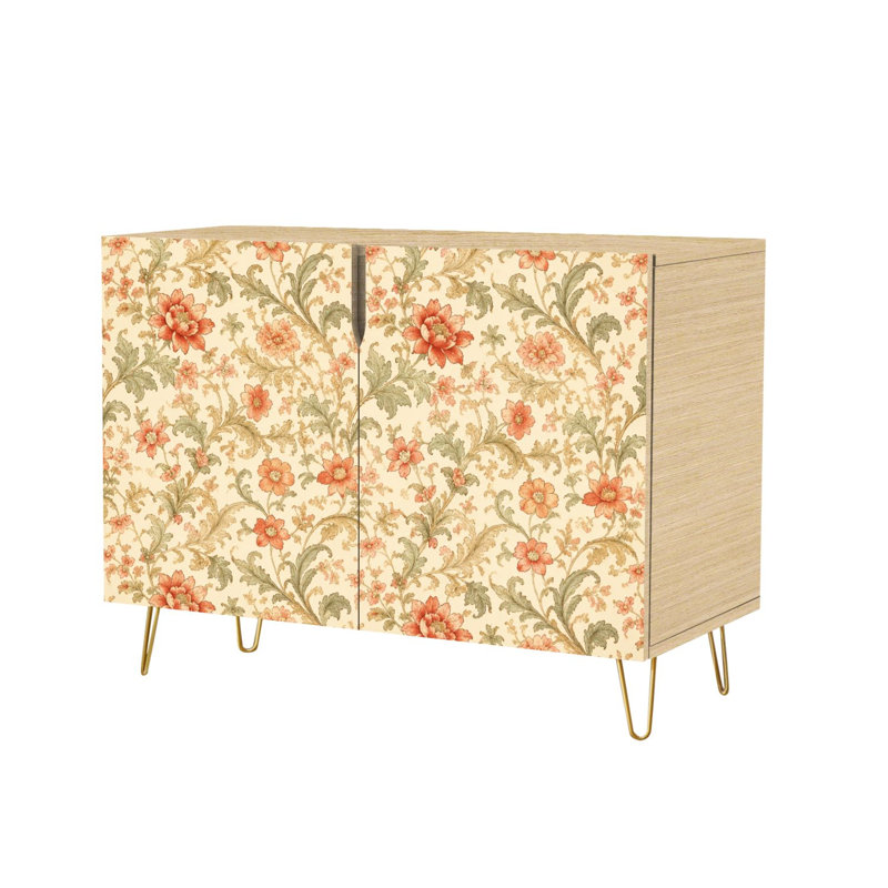 Buffet Buffet avec rangement Vintage Floral Rouge Beige Fleurs Crème avec 2 portes pour le salon et la cuisine