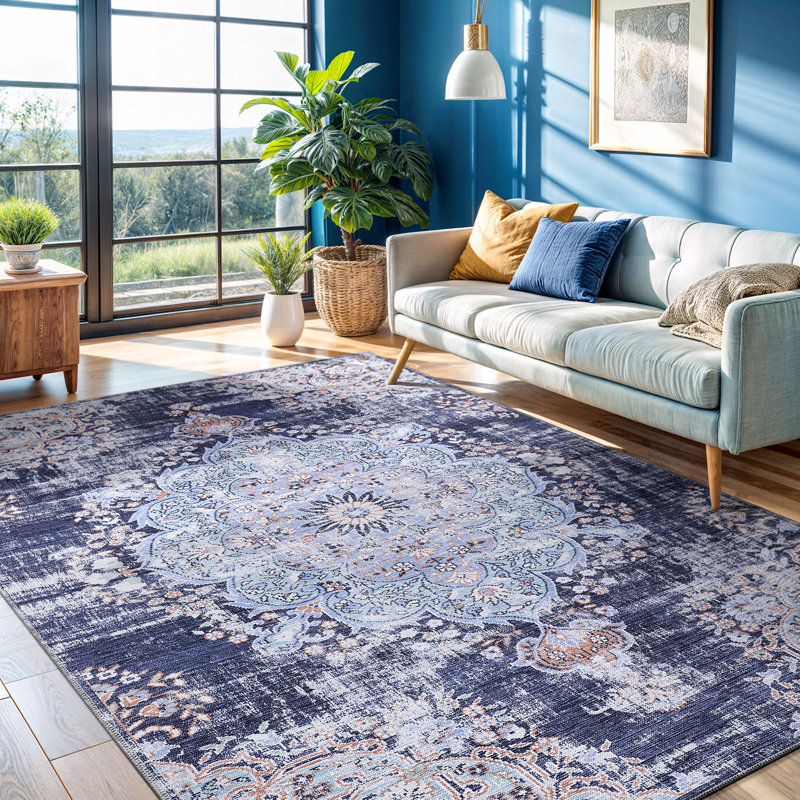 Koressa Oriental Blue Machine Washable Area Rug, Rectangle 7'10" x 10'