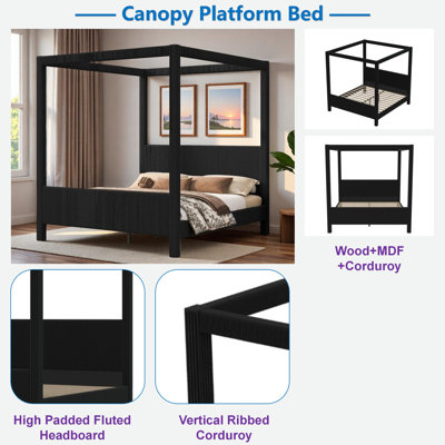 Upholstery Canopy Platform Bed with High Padded Fluted Headboard and Vertical Ribbed Corduroy Design