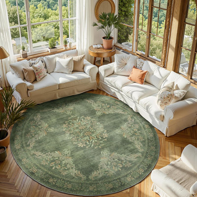 Vintage Floral Distressed Design Non-Slip Low-Pile Soft Thin Faux Wool Area Rug