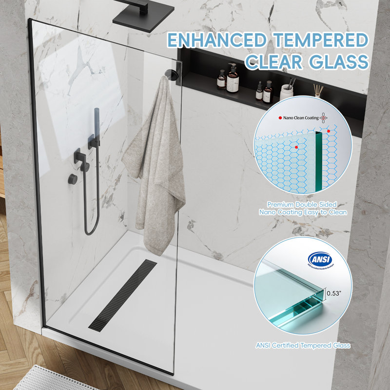 Panneau de douche fixe Yttsoyts 32 po x 76 po avec crochet, écran de douche sans cadre de 3/8 po d'épaisseur en verre trempé, porte de douche en verre d'aluminium avec revêtement facile à nettoyer (noir mat)
