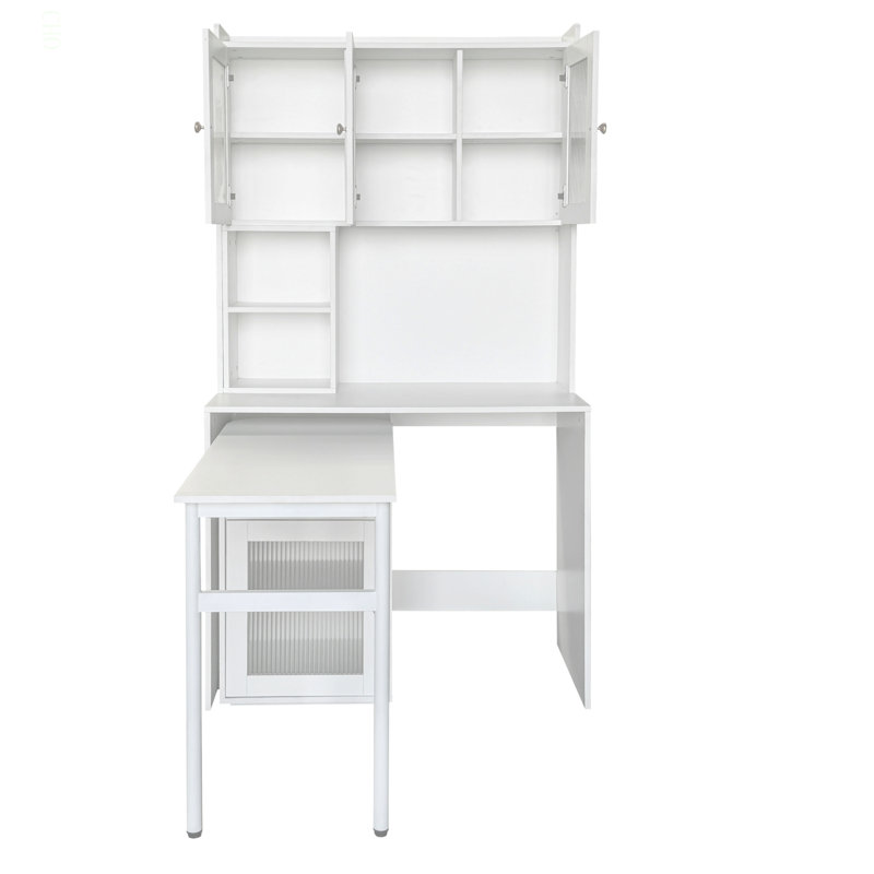 Bureau d'ordinateur avec porte en verre pour bureau à domicile ou bureau d'étude, bibliothèque et huche, bureau d'ordinateur avec bureau rotatif à 90 degrés, grand espace de travail