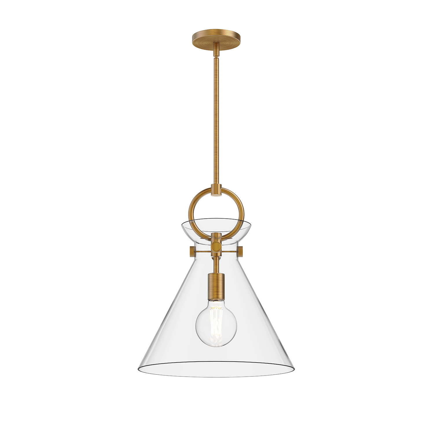 Tiney Single Light Glass Steel Pendant, Aged Gold/Clear, 17" H x 14" W x 14" D