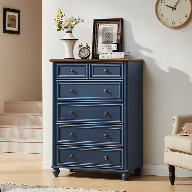 Farmhouse 6 Drawer Dresser, Chest Of Drawers For Bedroom, 43.5" Tall Wood White Kids Dresser With Roman Column And Metal Handles, Storage Dressers Organizer For Living Room, Hallway, Closet
