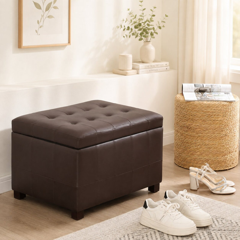 Repose-pieds de rangement 24 po avec couvercle à charnière en similicuir brun chocolat