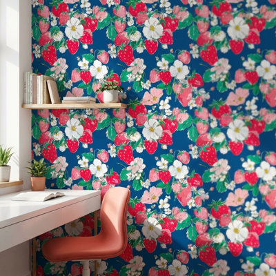 Floral Wallpaper Strawberries Mural Blue Wall Decor