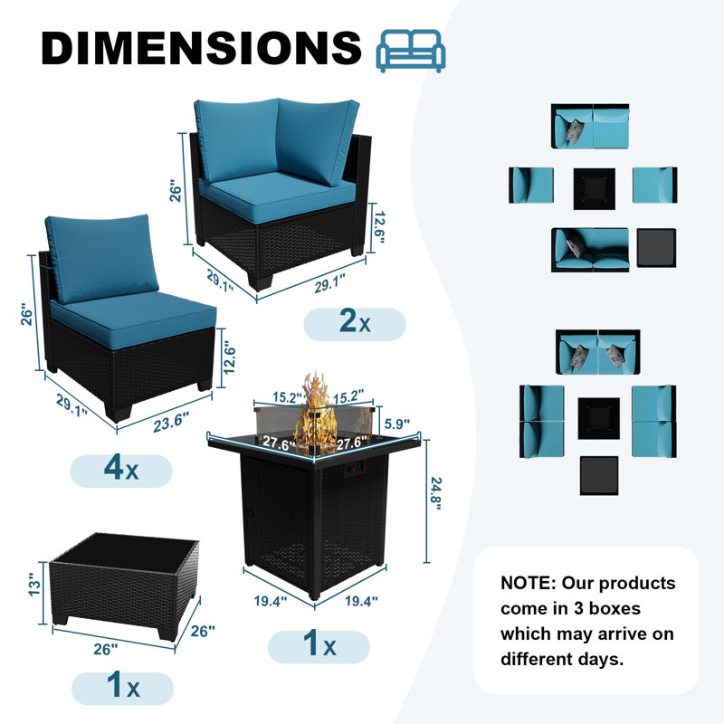 Ensemble de meubles de patio 8 pièces avec table de foyer d'extérieur, Bleu sarcelle foncée