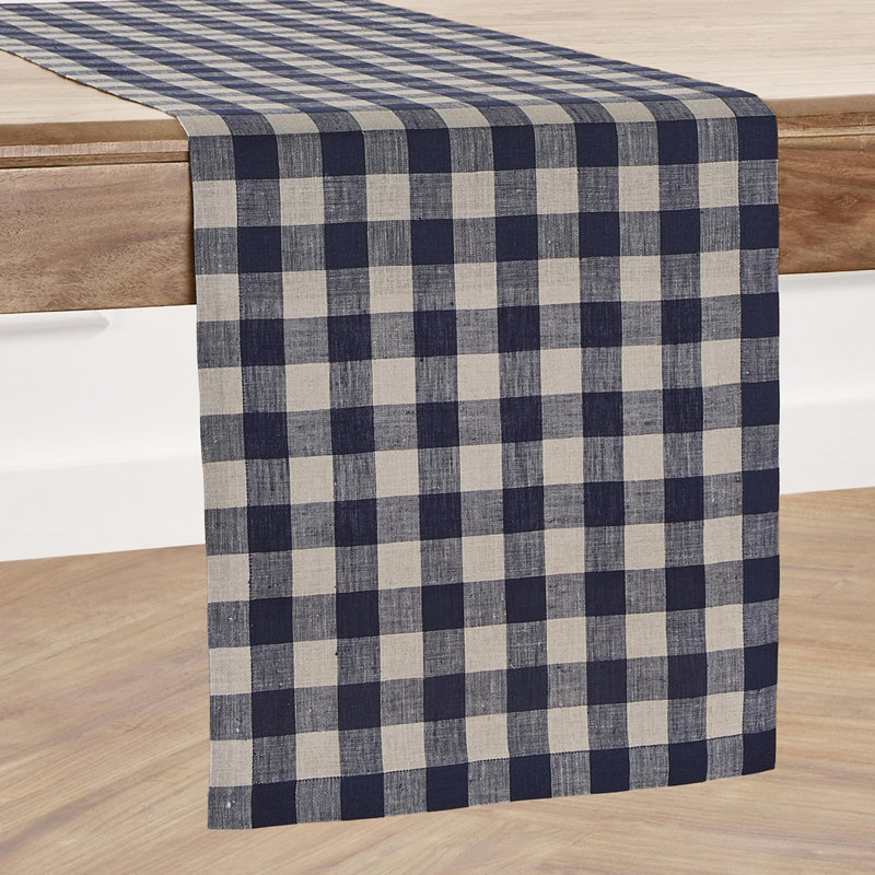 Buffalo Check - 100% Pure Linen Table Runner, 90" x 14", Navy/Natural