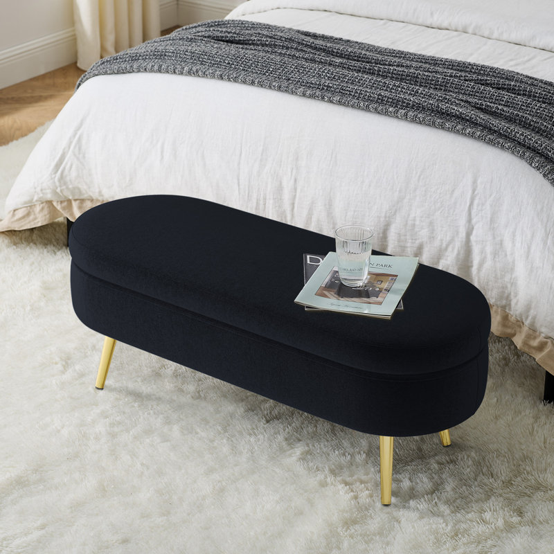 Banc de rangement ovale capitonné avec pieds en métal doré, pouf moderne de bout de lit pour chambre ou entrée, noir, Noir