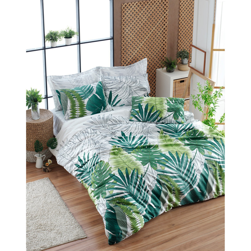 Ensemble de housse de couette 100% coton vert / blanc / gris Janna, Housse de couette double + 2 taies d'oreiller 20 p