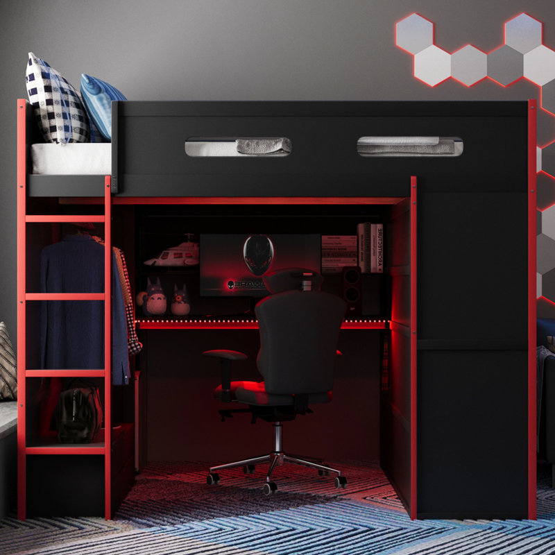 Red Full Size Gamer Loft Bed With Desk, , And Storage Shelves For Personal Belongings Cable Management Pc Tower, Red