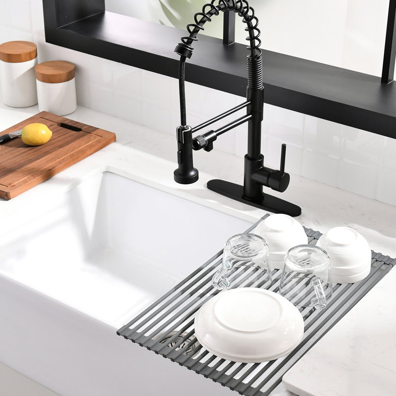 Robinet d'évier de cuisine à filtre rétractable noir mat avec grille de séchage pour vaisselle, robinet à 3 voies, tête de pulvérisation à double fonction à poignée unique, tête contemporaine en laiton massif 44