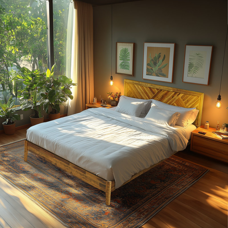 Sierra Solid Wood Bed Frame with Adjustable Headboard / Handcrafted Platform Bed, Très grand, Caramel / ancien américain