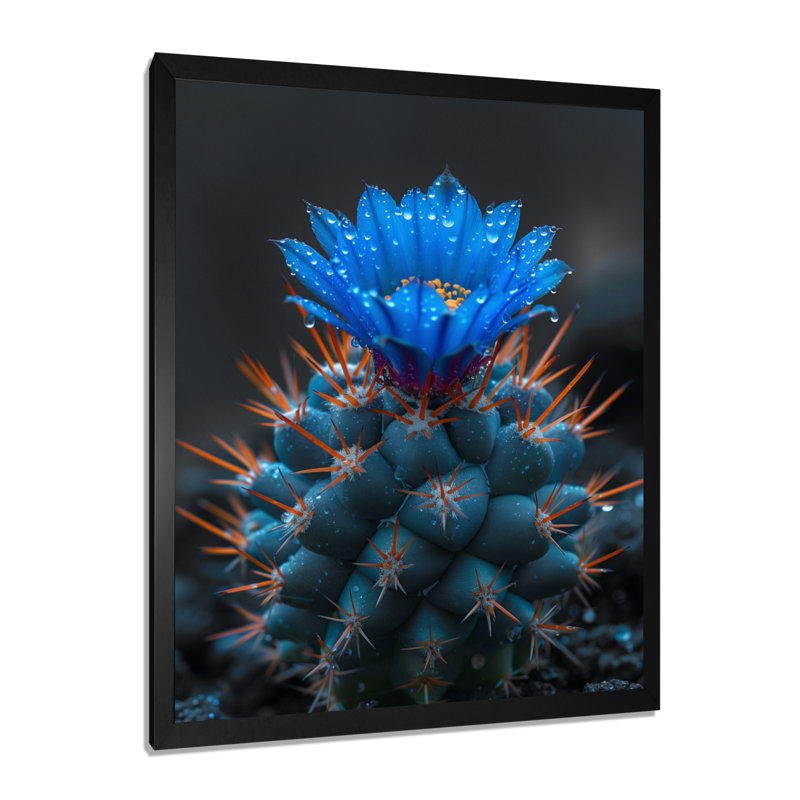 Cactus bleu et noir clair de lune, désert, rêve II - art mural floral cactus, Toile encadrée noire simple