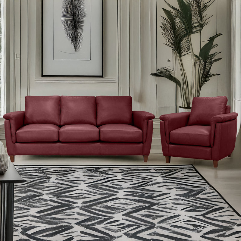 Ensemble de salon en cuir véritable Rambrij, 1 chaise, 1 canapé, Vin