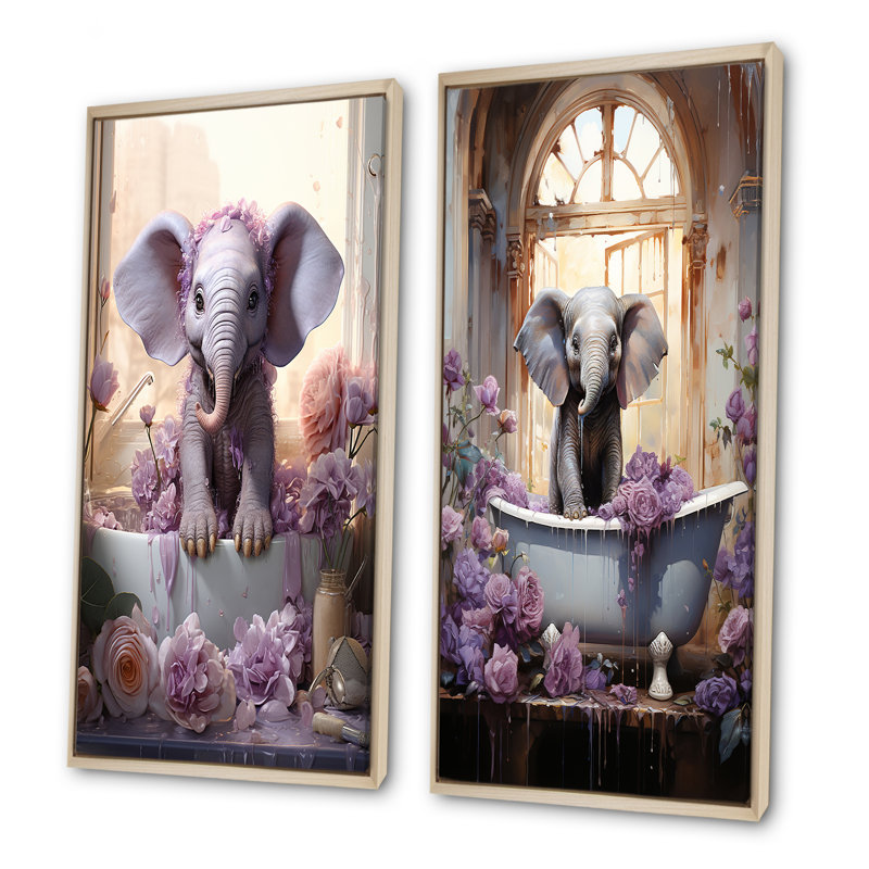 Lavande Splish Splash veau dans la baignoire - ensemble de 2 reproductions d'art sur toile, Cadre flottant brun