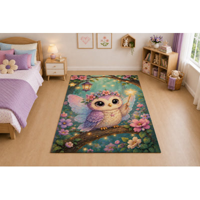 Tapis « Ultra fin » 152 x 213 cm, motif hibou féerique, idéal pour le salon, la chambre à coucher et le bureau. Moquette douce à poils courts avec envers antidérapant en silicone, violet et rose.