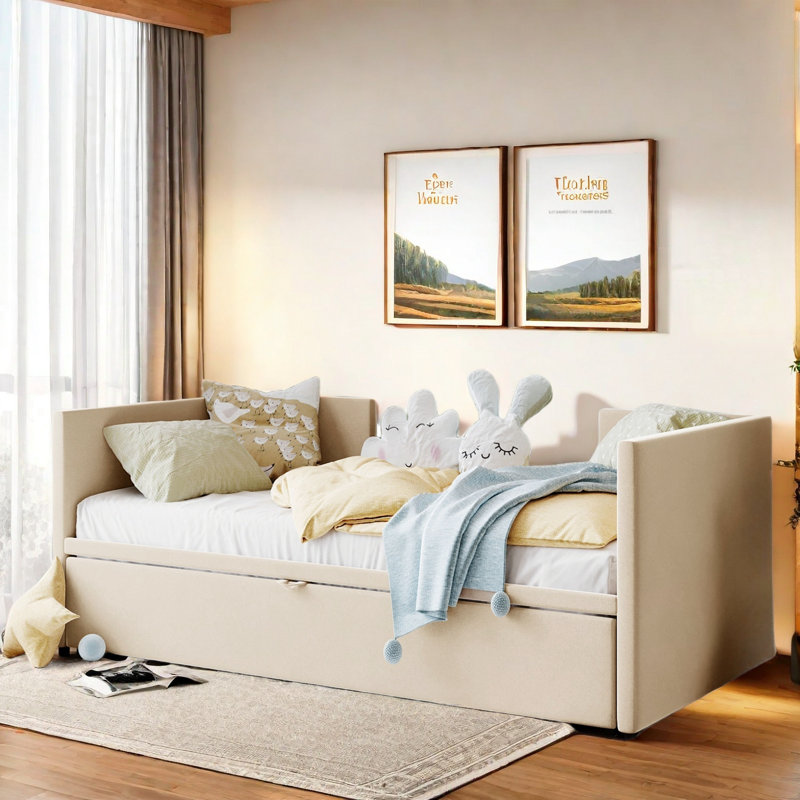 Lit de jour rembourré avec lit gigogne, Beige