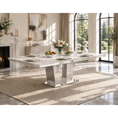 Table de salle à manger extensible en faux marbre de 160 à 240 cm (63 à 94,5 pouces) pour 6, 8 ou 10 personnes, grande table de cuisine avec piètement à colonnes argentées miroir.