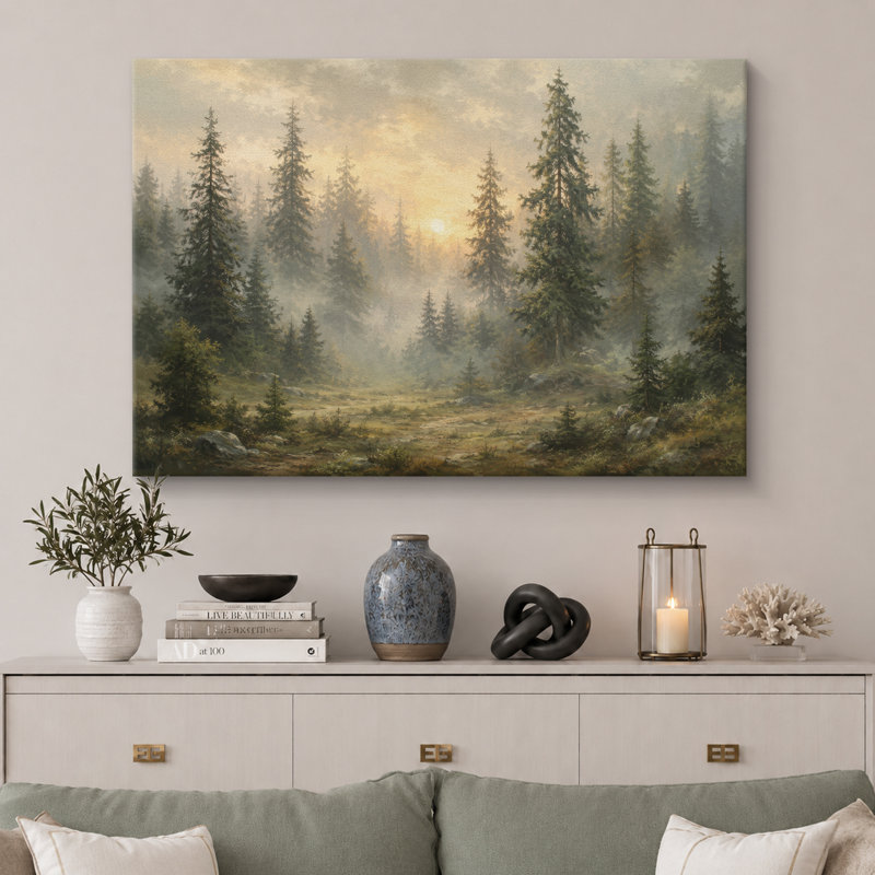 «Misty Evergreen Forest Sunrise», art de salon rustique, impression sur toile encadrée, H 24 po x l 36 po x P 1,5 po