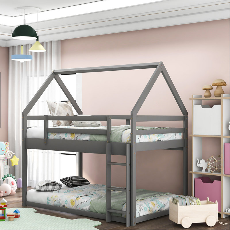 Lit simple superposé simple au-dessus de simple, lit maison avec échelle, gris