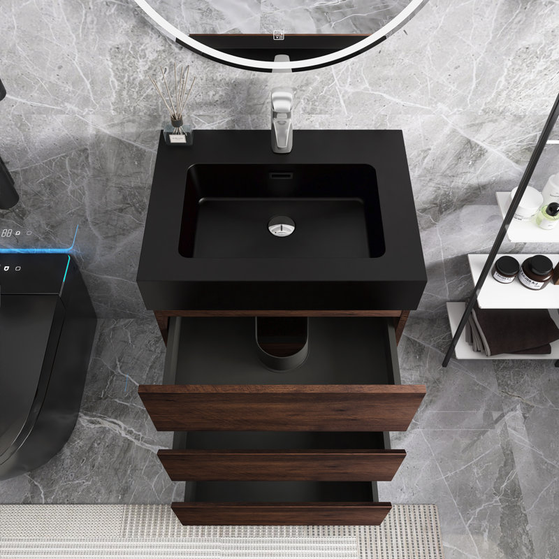 Meuble-lavabo simple autoportant 24 po avec plateau Caloway, Noyer, Noir