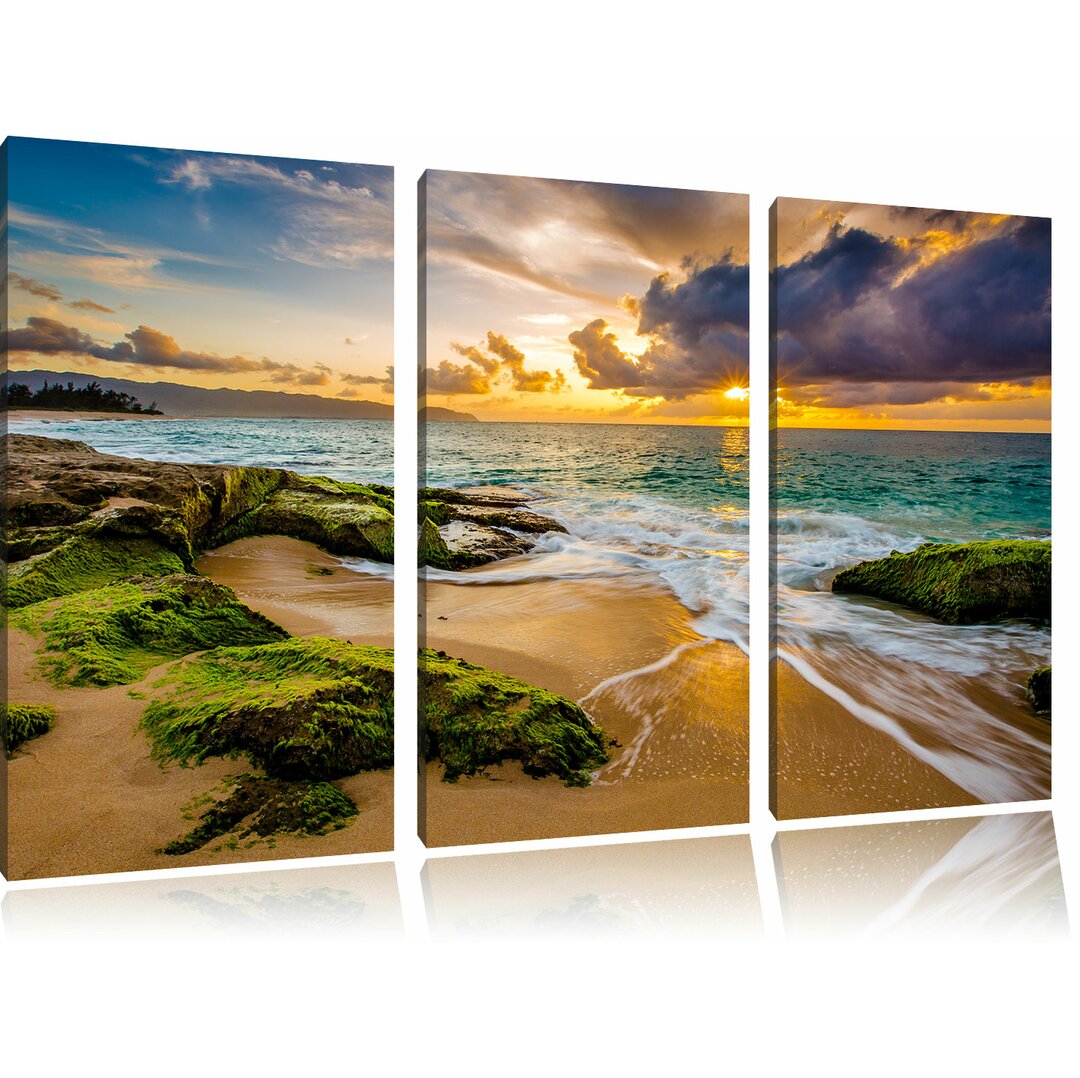 3-tlg. Leinwandbild-Set „Sonnenuntergang auf Hawaii“, Kunstdruck