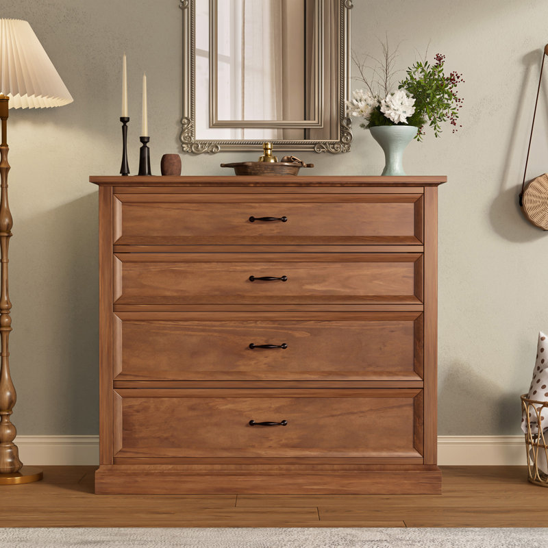 Ensemble de chambre avec grand lit 4 pièces avec lit plateforme en bois, 2 tables de chevet et commode Retro Farmhouse, Brun