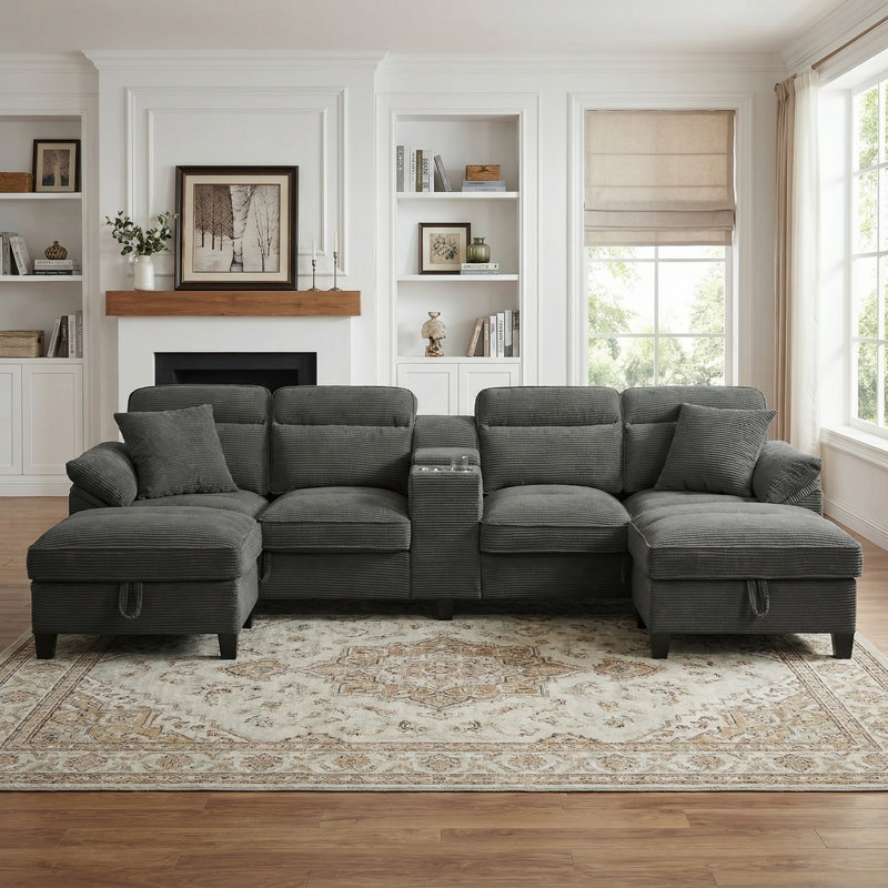 Canapé modulaire moderne 117 pouces en velours côtelé pour salon avec repose-pieds avec rangement intégré et port de type C