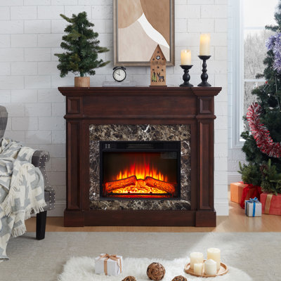 Electric Fireplace Heater With 44.34"W*11.8"D*40"H Cherry Colour Stacked Stone Surround Adjustable Flame Three - Dimensional Design Sense Smooth Surface Classic Style Realistic