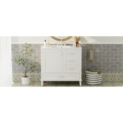 36" Bathroom Vanity In Timeless White - Build With Versatile Drawer Storage Cabinet Silver Handles Stylish And Practical For Bathrooms
