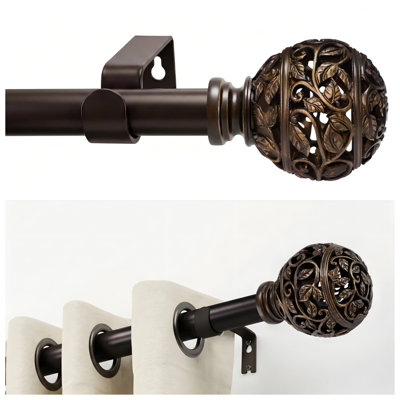 Bronze Curtain Rod for Windows 144 Inch, Adjustable 1 Inch Single Splicing Drapery Rods with Openwork Vine Finial