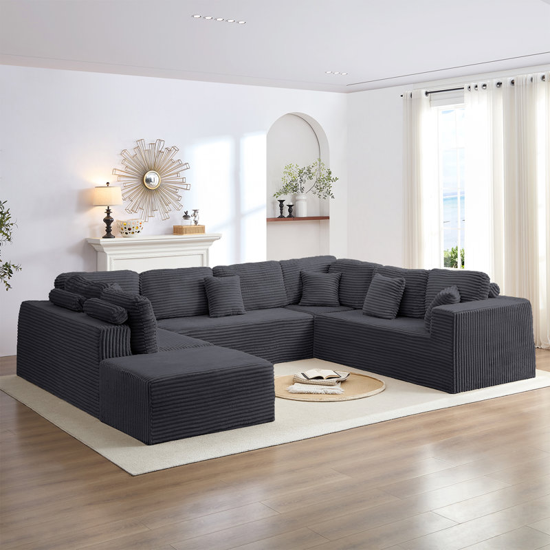 Canapé modulaire en velours côtelé de 108 po avec repose-pieds amovible et sans assemblage, Gris