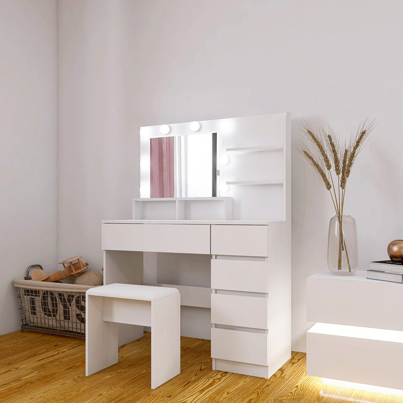 Vanity, Makeup Vanity Desk Set With Mirror & Light, Dressing Table Storage Lots With Power Strip, 3 Lighting Modes With Adjustable Brightness