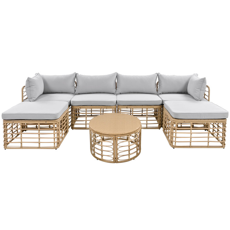 7 Pieces Outdoor Patio Sectional Sofa Couch Set With Thick Cushions And Pillows, Gray