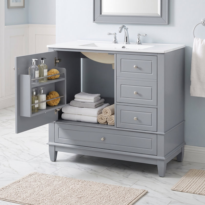Meuble-lavabo autoportant de 91 cm (36 po) en bois massif et MDF gris avec lavabo en céramique intégré et rangement, Gris