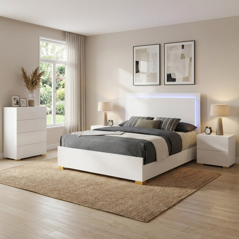 Modern Minimalist Led Bed Frame, White, King