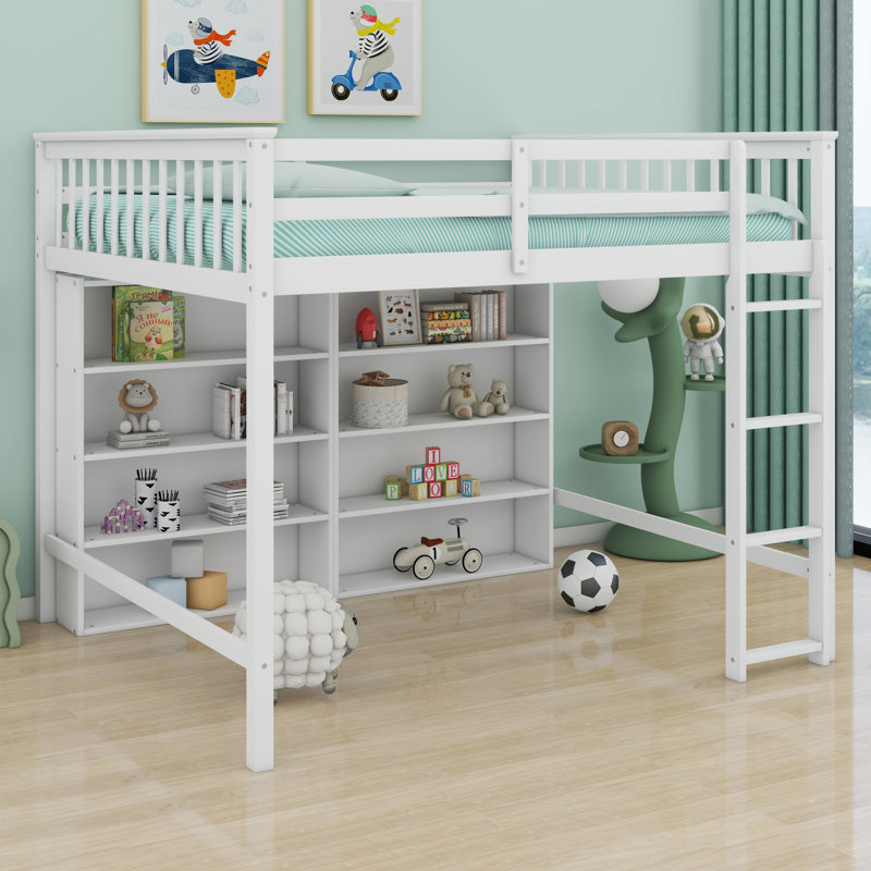 Lit mezzanine avec tablettes de rangement ouvertes, Blanc antique