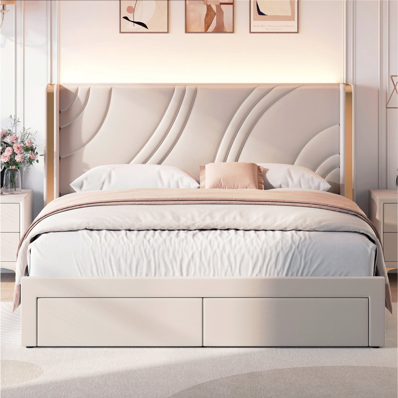Structure de lit moderne tapissier à DEL avec tiroirs de rangement, lit plateforme en velours avec tête de lit à oreilles, support robuste et éclairage personnalisable