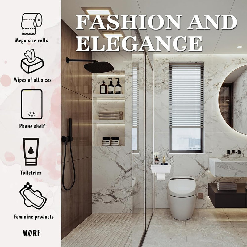 Porte-papier hygiénique pour salle de bain - plastique blanc brillant, tiroir de rangement intégré, double fixation, tablette réglable, résistant à la rouille