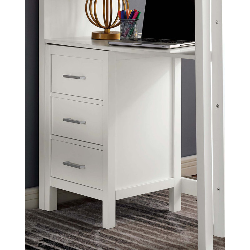 Lit mezzanine simple transitionnel avec huit tiroirs, trois grandes tablettes attachées et une structure en bois