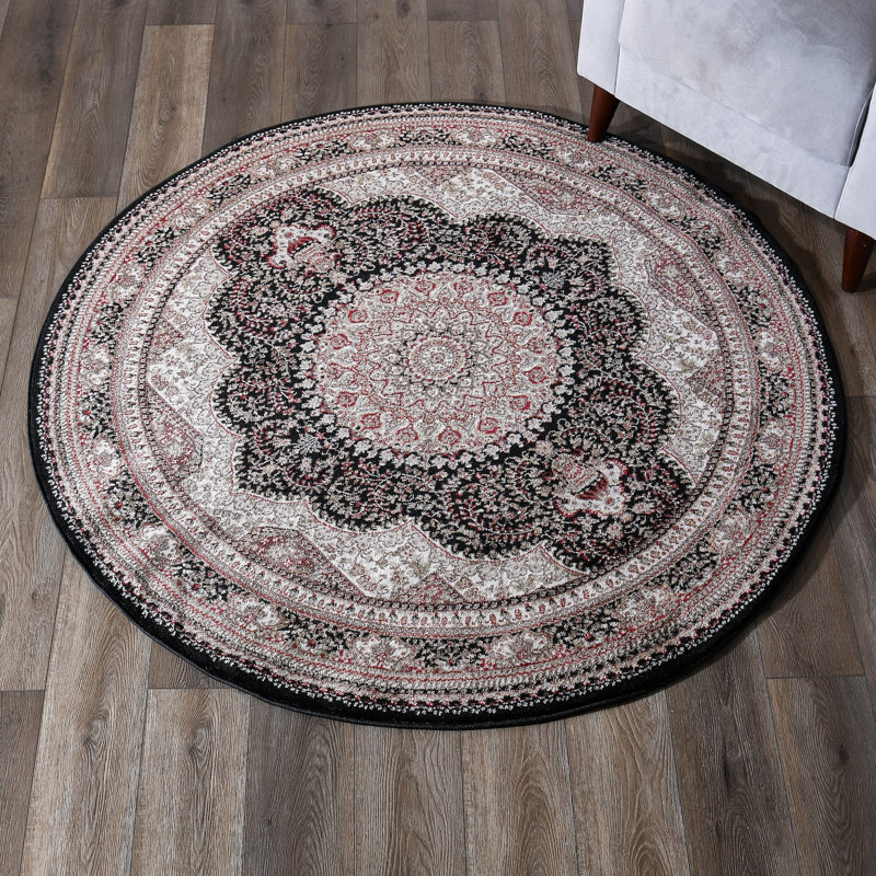 Devansh Oriental Black Area Rug, Round 5'2"