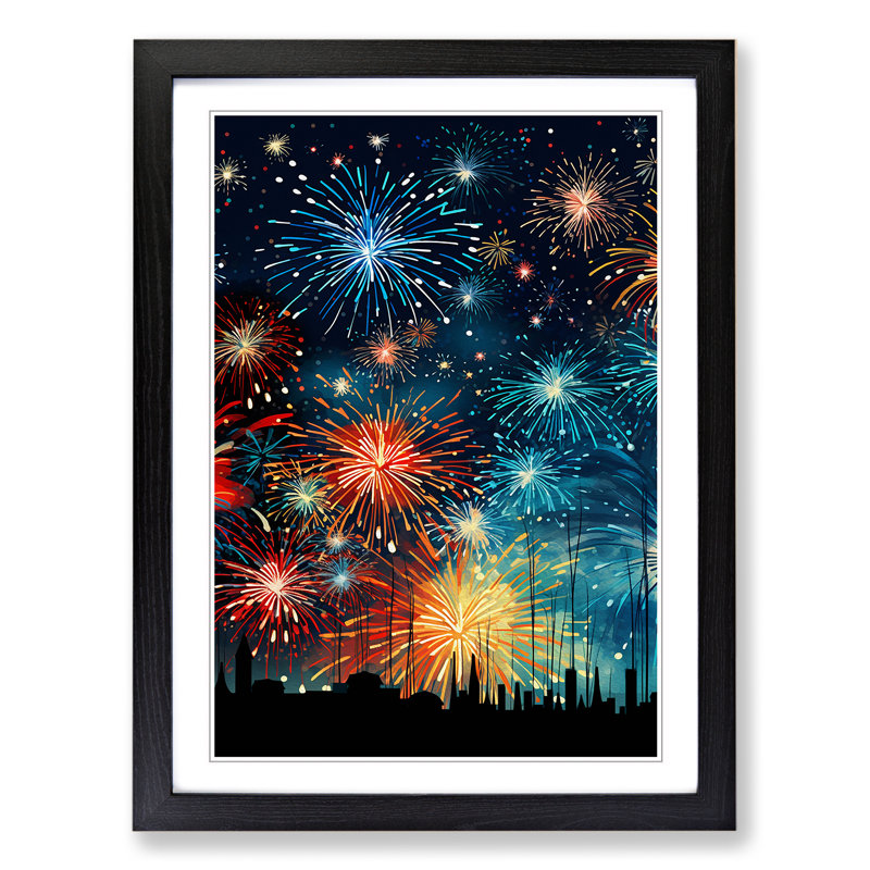 Fireworks Line No.2 - Single Picture Frame Print on Wood, 46cm H x 34cm W x 2cm D, Black