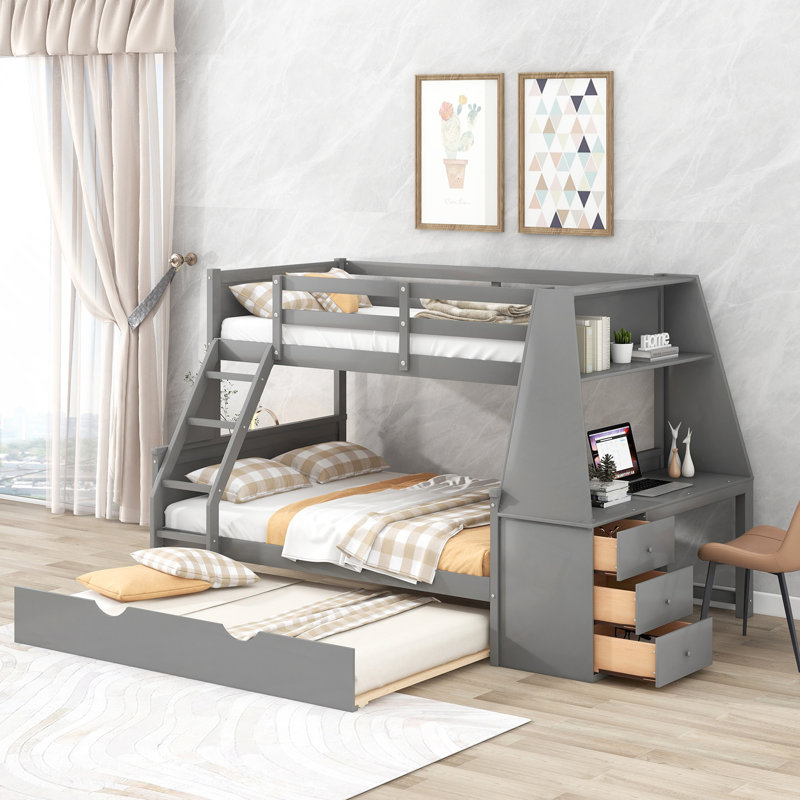 Lit superposé simple au-dessus d'un lit double avec lit gigogne et bureau intégré, trois tiroirs de rangement et une tablette, gris