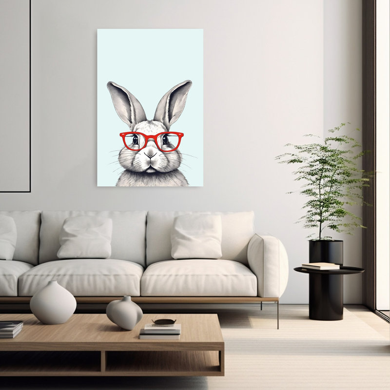 «Smart Bunny», lunettes rouges, fantaisiste, portrait de lapin contemporain, forêt, impression murale, 60" H x 40" W
