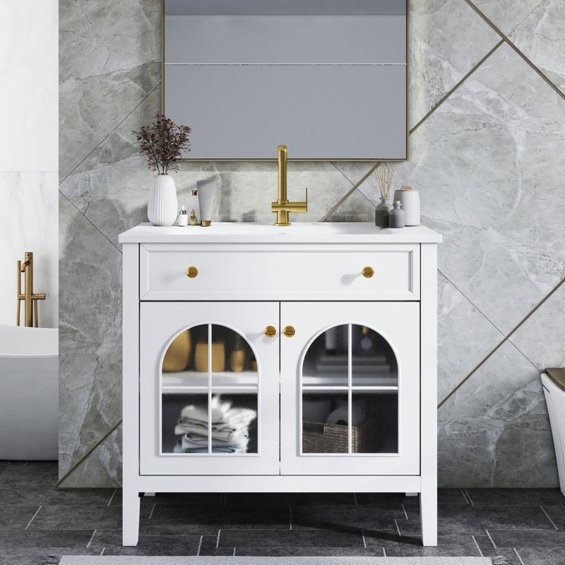 Meuble-lavabo autoportant blanc de 36 pouces avec poignées en métal, éclairage activé par le mouvement et ampleur d'espace de rangement, bande de capteur d'évier Mid-Century, tiroir rabattable, facile à nettoyer