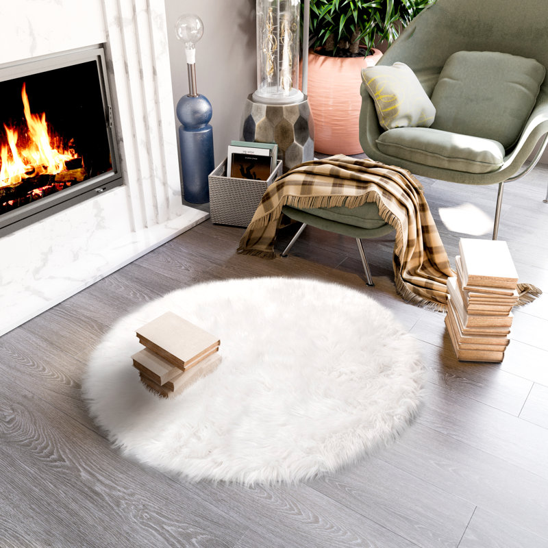 Diller White Faux Sheepskin Fur Machine Washable Shag Fluffy Area Rug, Round 5'