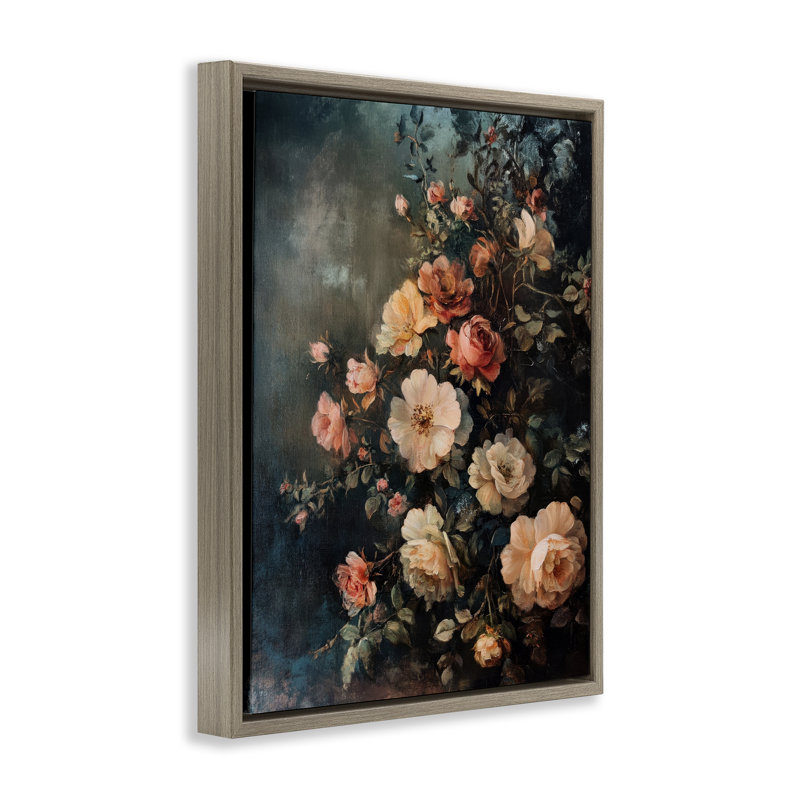  "Dark Rose Florals", art mural sur toile par Petal Prints Design, Cadre flottant orme Montalcino, H 21 po x l 17 po