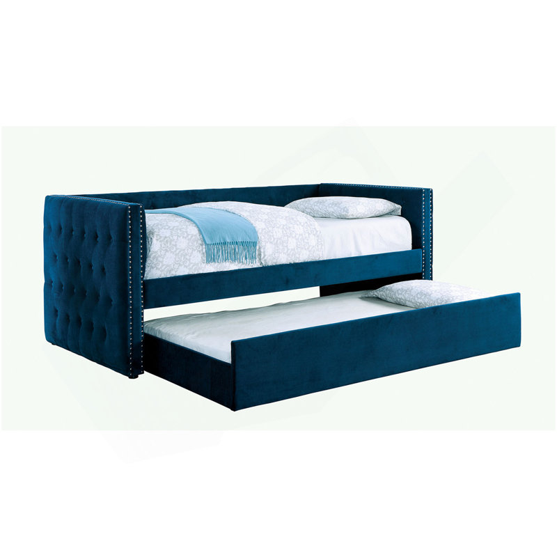 Transitional Style Daybed W Trundle Padded Button Tufted Upholstery Nailhead Trim Included Slat Kit Tuxedo Design Navy Finish
