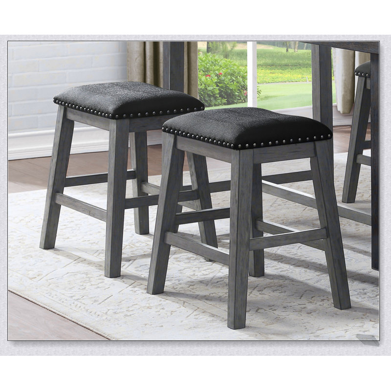 Ensemble de 2 tabourets de bar à hauteur grise avec sièges en similicuir noir et garniture cloutée pour un repas décontracté